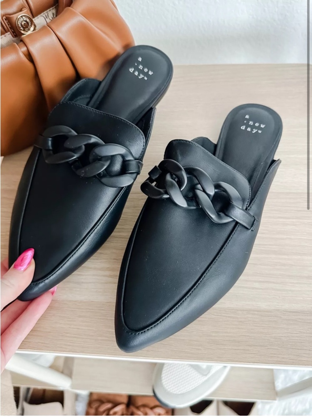 Amber Pointed Black Chain-Accent Leather Slip-on Mule